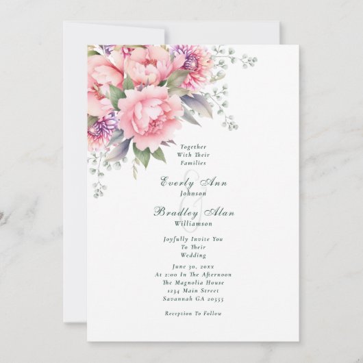 Invitation Aquarelle couleur rose vif Mariage de script Flora (Devant)