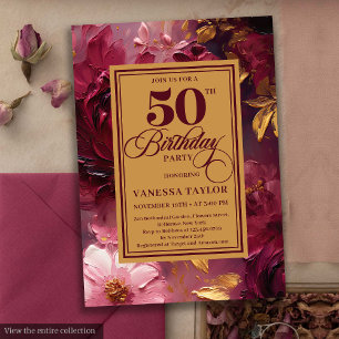 Invitation Aquarelle couleur rouge foncé or floral anniversai