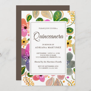 Invitation Aquarelle couleur vive de la Quinceanera florale