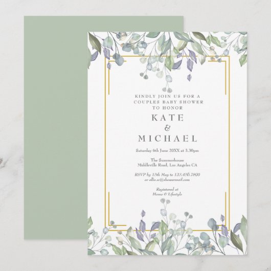 Invitation Aquarelle Couples Floraux Baby shower/Saupoudrage (Devant / Derrière)