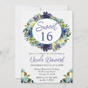 Invitation Aquarelle Couronne de Fleurs Bleu Marine et Bleu p