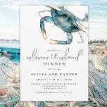 Invitation Aquarelle Crabe bleu Bienvenue sur l'île<br><div class="desc">Idéal pour un dîner de répétition mariage le long de la côte, ce design présente un crabe bleu dans le coin supérieur aux aquarelles vives. Le jumelage de texte d'invitation est moderne avec une élégance décontractée qui est à la fois de bon goût et hospitalier. Personnalisez le modèle de texte...</div>