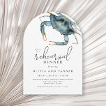 Invitation Aquarelle Crabe Bleu Dîner de répétition de fruits<br><div class="desc">Idéal pour un dîner de répétition mariage le long de la côte, ce modèle populaire en forme d'arc présente un crabe bleu au bord supérieur dans des aquarelles vibrantes. Le jumelage de texte d'invitation est moderne avec une élégance décontractée qui est à la fois de bon goût et hospitalier. Personnalisez...</div>