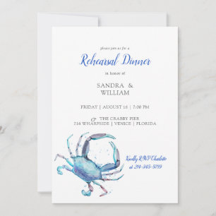 Invitation Aquarelle Crabe bleu Fête des mariées côtière Invi