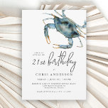 Invitation Aquarelle Crabe Bleu Fruits de mer 21e anniversair<br><div class="desc">L'invitation idéale pour fêter un 21ème anniversaire spécial avec un thème côtier, ce design présente un crabe bleu dans le coin supérieur en aquarelles vibrantes. Le jumelage de texte d'invitation est moderne avec une élégance décontractée qui est à la fois de bon goût et hospitalier. Il fonctionne magnifiquement pour lui...</div>