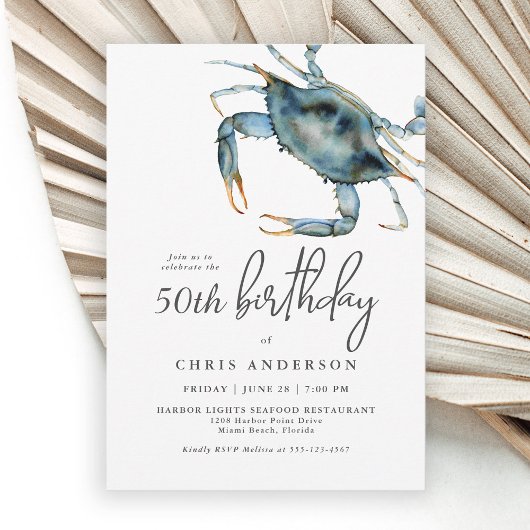 Invitation Aquarelle Crabe bleu Fruits de mer 50e anniversair