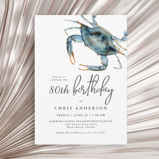 Invitation Aquarelle Crabe bleu Fruits de mer 80e anniversair