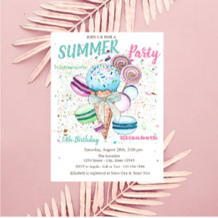 Invitation Aquarelle Crème glacée Macarons été Anniversaire