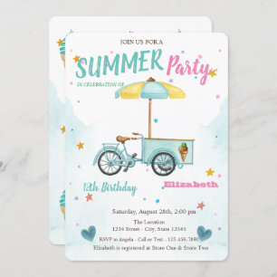 Invitation Aquarelle Crème glacée Vélo Étoiles Anniversaire