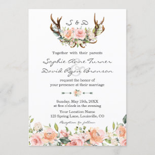 Invitation Aquarelle Crème rose Floral Antlers Mariage