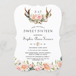 Invitation Aquarelle Crème rose Floral Antlers Sweet 16