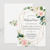 Invitation Aquarelle Crème rose Floral Gold Rehearer Dîner (Devant / Derrière)