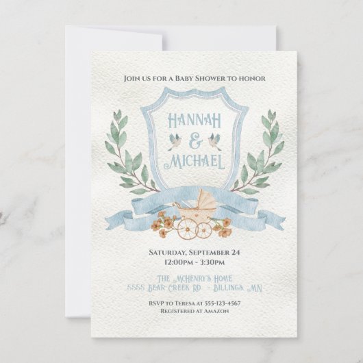 Invitation Aquarelle Crest Baby Blue Douche (Devant)