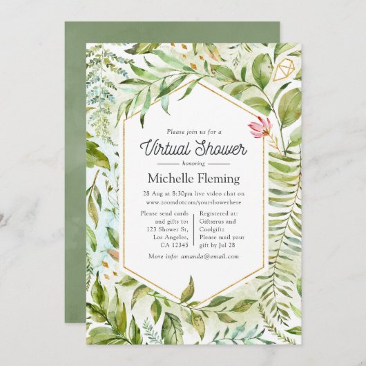 Invitation Aquarelle Cristal Verdure Douche virtuelle (Devant / Derrière)