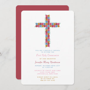 Invitation Aquarelle croisée florale communion ou confirmatio