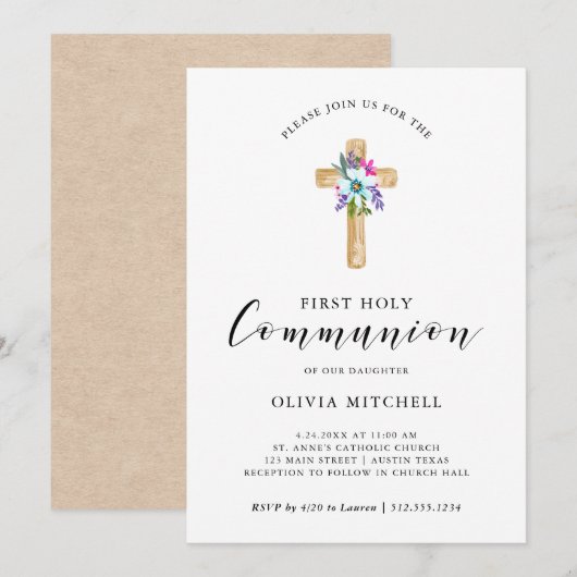 Invitation Aquarelle Croix florale Kraft Look Première commun (Devant / Derrière)