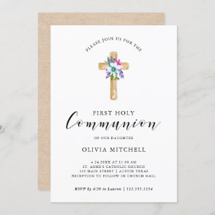 Invitation Aquarelle Croix florale Kraft Look Première commun