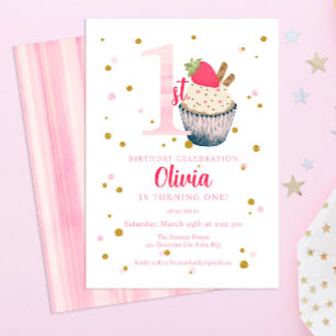 Invitation Aquarelle Cupcake aux fraises 1er anniversaire Inv