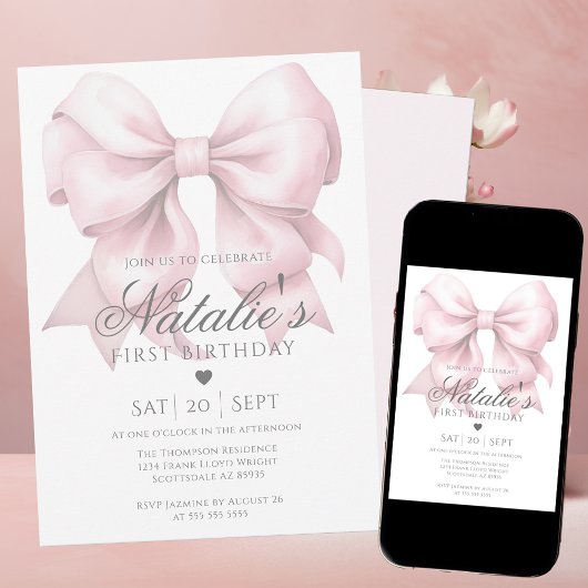 Invitation Aquarelle customisée Dusty Rose Bow 1er anniversai