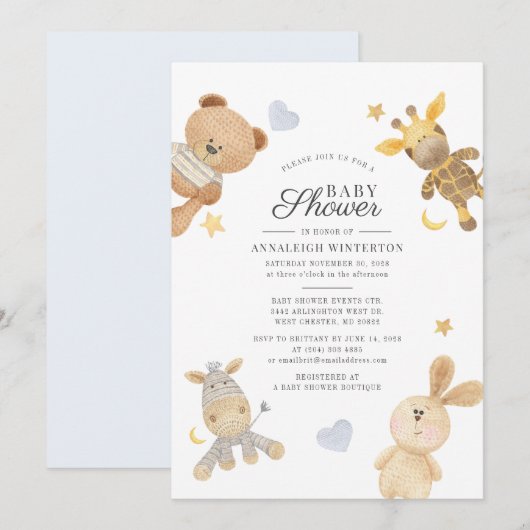 Invitation Aquarelle Cute Animaux Baby shower moderne (Devant / Derrière)