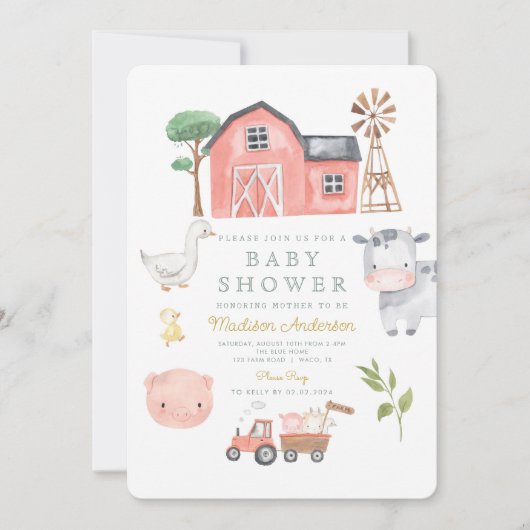 Invitation Aquarelle Cute Animaux de ferme Barnyard Baby show (Devant)