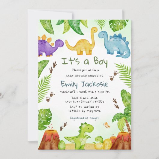 Invitation Aquarelle Cute Boho Dinosaure Verdure Garçon Bébé (Devant)