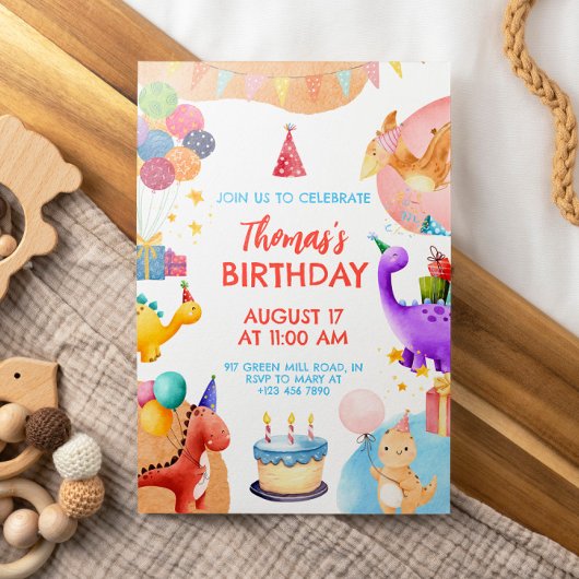 Invitation Aquarelle Cute Dinosaur Anniversaire
