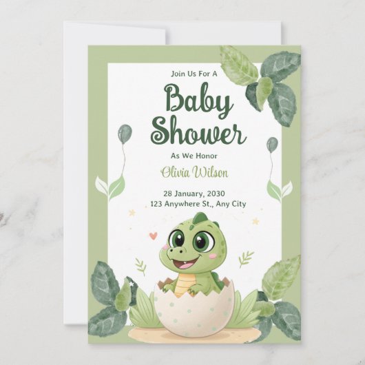 Invitation Aquarelle Cute Dinosaur Baby shower Garçon de verd (Devant)