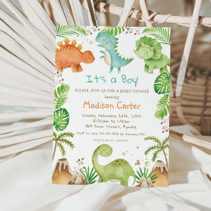 Invitation Aquarelle Cute Dinosaur Baby shower Garçon de verd