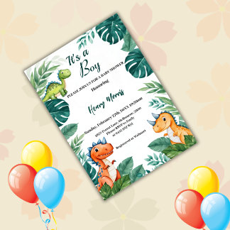 Invitation Aquarelle Cute Dinosaur Baby shower Garçon de verd