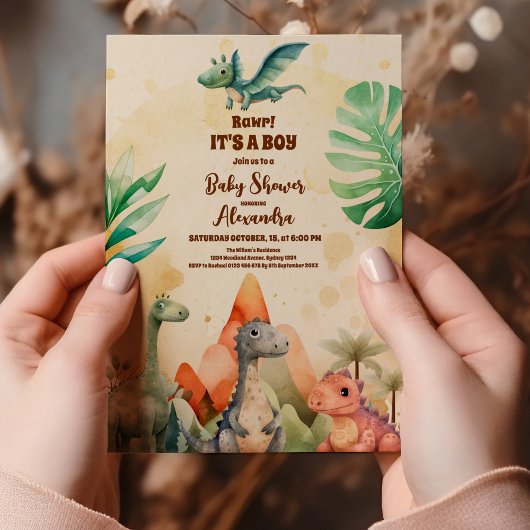 Invitation Aquarelle Cute Dinosaur Baby shower Garçon de verd