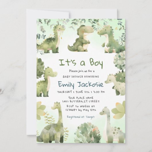 Invitation Aquarelle Cute Dinosaur Baby shower Garçon de verd (Devant)