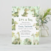Invitation Aquarelle Cute Dinosaur Baby shower Garçon de verd (Debout devant)