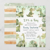 Invitation Aquarelle Cute Dinosaur Baby shower Garçon de verd (Devant / Derrière)