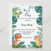 Invitation Aquarelle Cute Dinosaur Baby shower Garçon de verd (Devant)