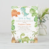 Invitation Aquarelle Cute Dinosaur Baby shower Garçon de verd (Debout devant)