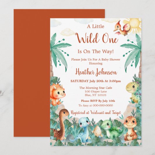 Invitation Aquarelle Cute Dinosaur Boy Baby shower (Devant / Derrière)