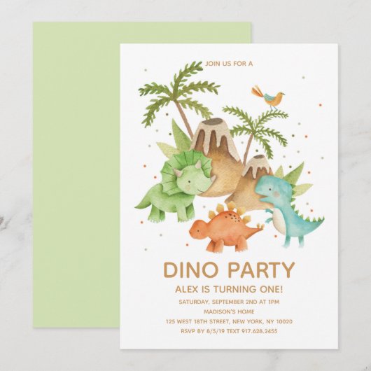 Invitation Aquarelle Cute Dinosaur fête d'anniversaire (Devant / Derrière)