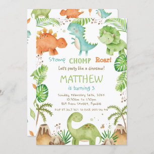 Invitation Aquarelle Cute Dinosaures Verdure Garçon Anniversa