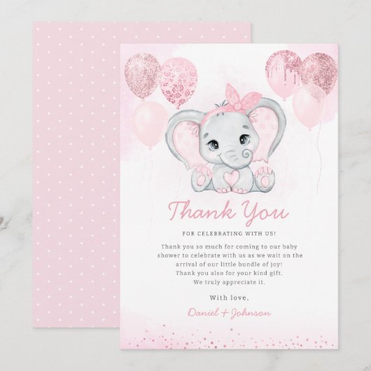 Invitation Aquarelle Cute Elephant Baby shower Merci (Devant / Derrière)