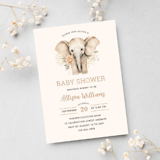 Invitation Aquarelle Cute Elephant Floral Girl Baby shower