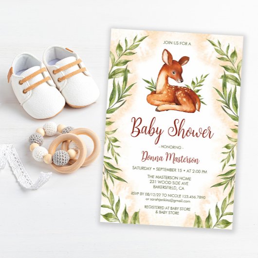 Invitation Aquarelle Cute Fawn Baby shower botanique