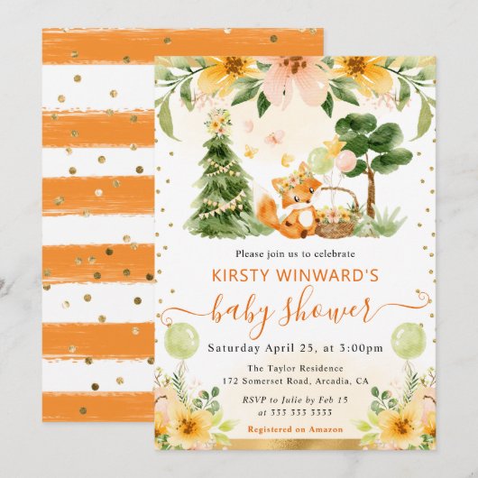 Invitation Aquarelle Cute Floral Fox Baby shower (Devant / Derrière)