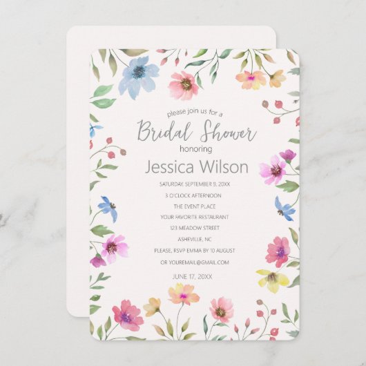 Invitation Aquarelle Cute Floral Meadow Fête des mariées (Devant / Derrière)