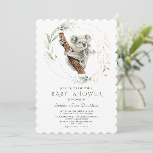 Invitation Aquarelle Cute Koala Baby shower d'or vert (Debout devant)