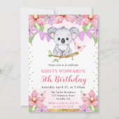Invitation Aquarelle Cute Koala & Fleurs tropicales Anniversa (Devant)