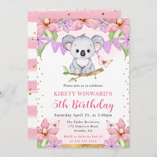 Invitation Aquarelle Cute Koala & Fleurs tropicales Anniversa (Devant / Derrière)