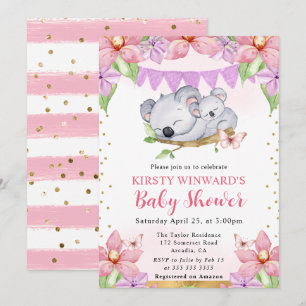 Invitation Aquarelle Cute Koalas & Fleurs Baby shower