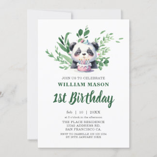 Invitation Aquarelle Cute Panda Verdure 1er anniversaire