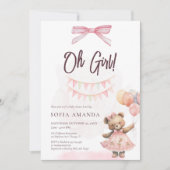 Invitation Aquarelle Cute rose Teddy Bear Baby shower (Devant)